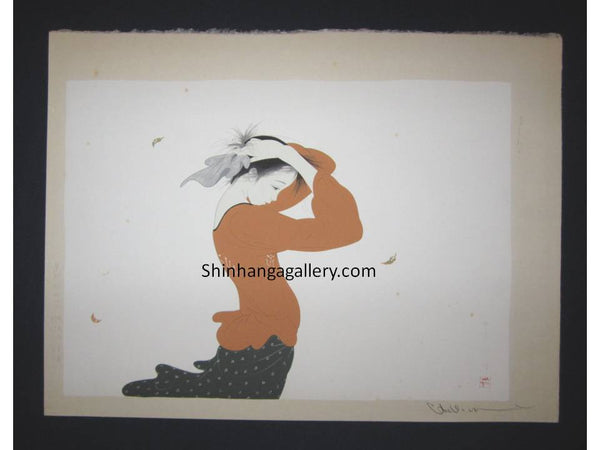 This is an EXTRA LARGE very beautiful and rare original Japanese Shin Hanga woodblock print masterpiece “Falling Leaves” from the series “Wind Connection” PENCIL SIGNED by the famous Showa Shin Hanga woodblock print master Nakajima Kiyoshi (1943-) published by KYOTO HANGA PRINTMAKER in1980s.