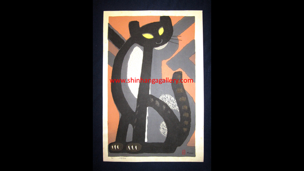 A Huge GreatJapanese Woodblock Print PENCIL Sign LIMIT Number Inagaki Tomoo Sitting Cat 1982 (1)