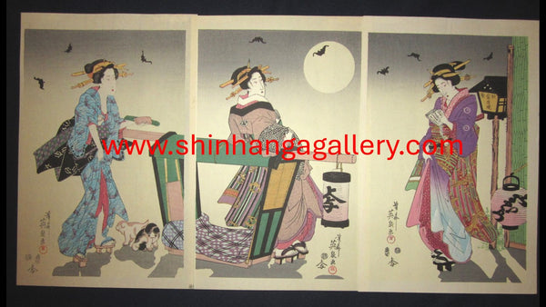 A Great Japanese Woodblock Print Triptych Keisai Eisen The Night Lamp at Akiba 1960s