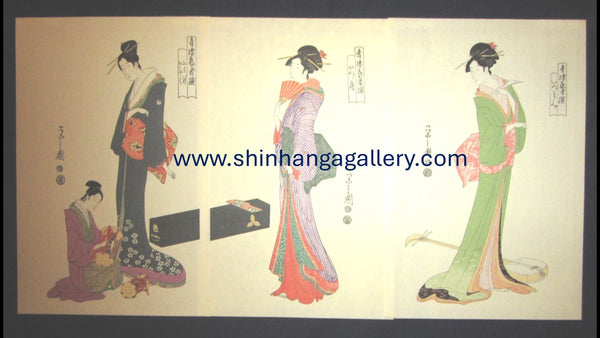 A Great Japanese Woodblock Print Triptych Chobunsai Eishi Brothel Beauties