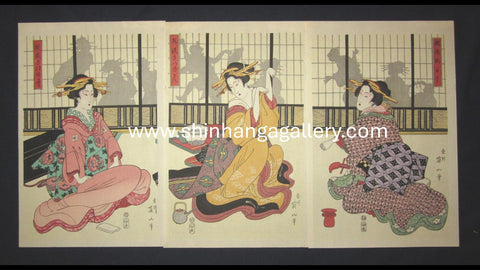 A Great Japanese Woodblock Print Triptych Eizan Kikugawa Elegant Fox Ken 1960s
