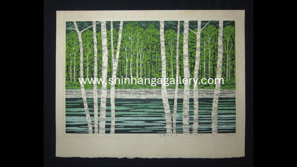 Huge Orig Japanese Woodblock Print Pencil-Signed Limited Edition Fujita Fumio River of a Green Leaves A