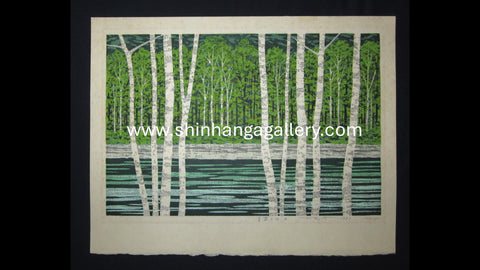 Huge Orig Japanese Woodblock Print Pencil-Signed Limited Edition Fujita Fumio River of a Green Leaves A