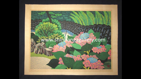 A HUGE Orig Japanese Woodblock Print LIMIT# PENCIL SIGN Hayashi Waichi Garden of French Hydrangea