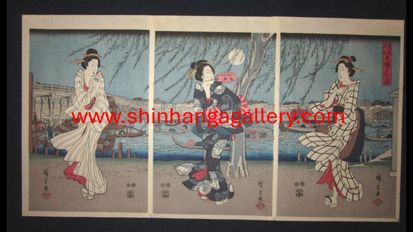 A Great Japanese Woodblock Print Triptych Utagawa Hiroshige Famous Place at Eastern Capital Willow Breeze in Ryogoku Moon Night  1960s