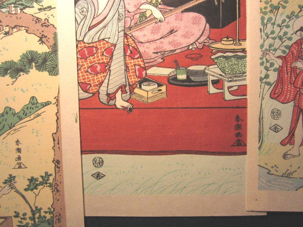 A Great Japanese Woodblock Print Triptych Katsukawa Shunchō Geisha Summer Night Relaxation