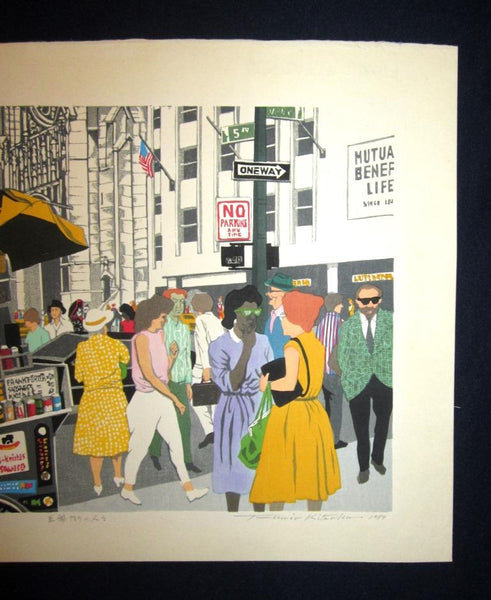 A Huge Orig Japanese Woodblock Print Kitaoka Fumio PENCIL Sign Limit# People on Fifth Street New York