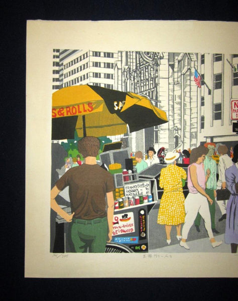 A Huge Orig Japanese Woodblock Print Kitaoka Fumio PENCIL Sign Limit# People on Fifth Street New York