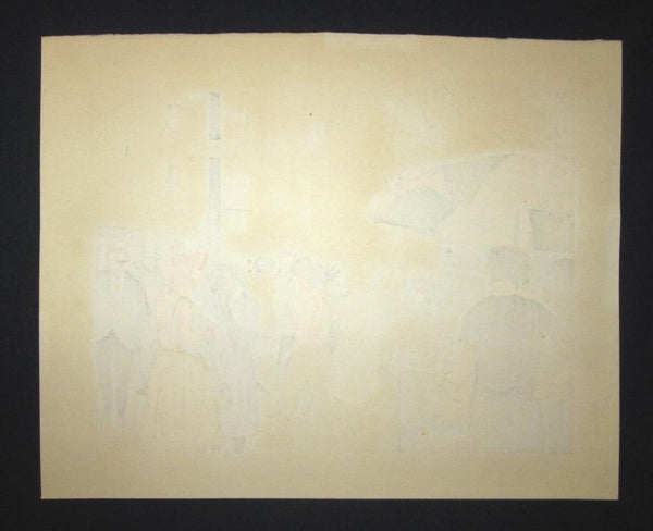 A Huge Orig Japanese Woodblock Print Kitaoka Fumio PENCIL Sign Limit# People on Fifth Street New York