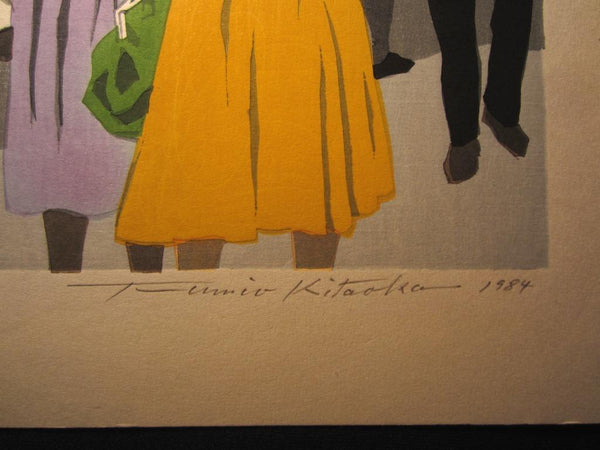 A Huge Orig Japanese Woodblock Print Kitaoka Fumio PENCIL Sign Limit# People on Fifth Street New York