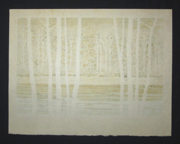 Huge Orig Japanese Woodblock Print Pencil-Signed Limited Edition Fujita Fumio River of a Green Leaves A