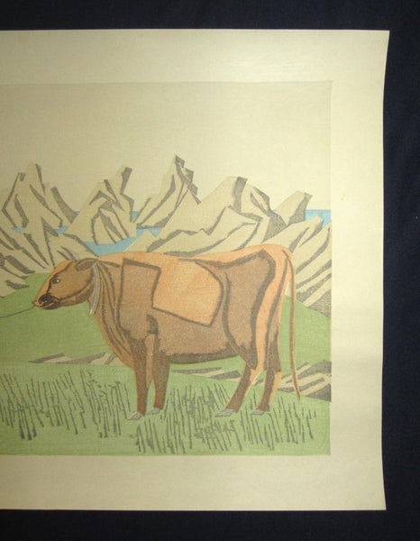A Huge Original Japanese woodblock Print Maekawa Senpan Red Ox at the Seashore Showa 32 (1957)