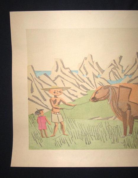 A Huge Original Japanese woodblock Print Maekawa Senpan Red Ox at the Seashore Showa 32 (1957)