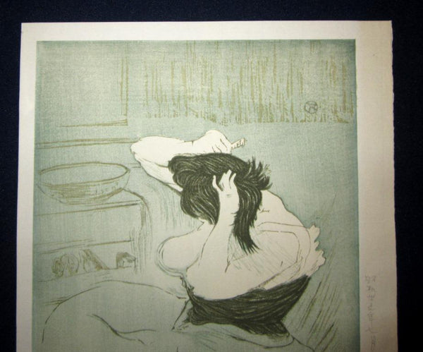 A Great Orig Japanese Woodblock Print Okuyama Jihachiro PENCIL Sign Woman Combing Hair July Showa 35 (1960)