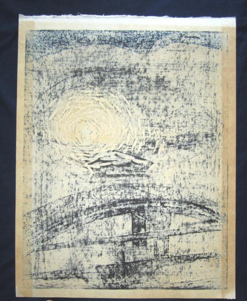 A HUGE Orig Japanese Woodblock Print PENCIL Sign Limit# Hashimoto Okiie Lantern beside Pond 1965