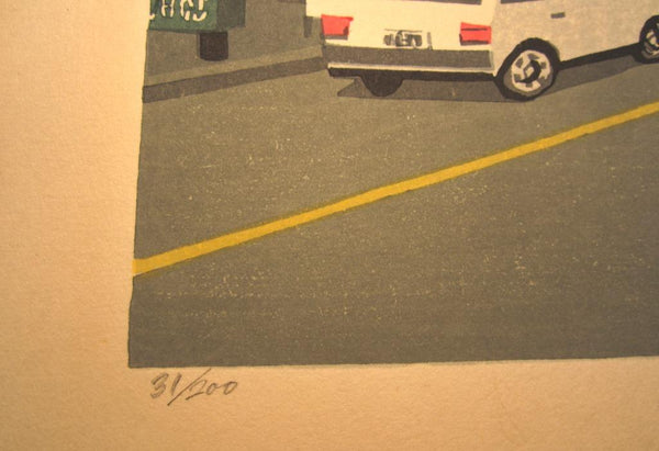 AN EXTRA LARGE Orig Japanese Woodblock Print LIMIT NUMBER PENCIL SIGN Kitaoka Fumio Car Street