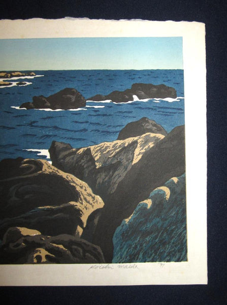 A Great Orig Japanese Woodblock Print LIMIT # Pencil Sign Koichi Maeda Ocean Rock 1991