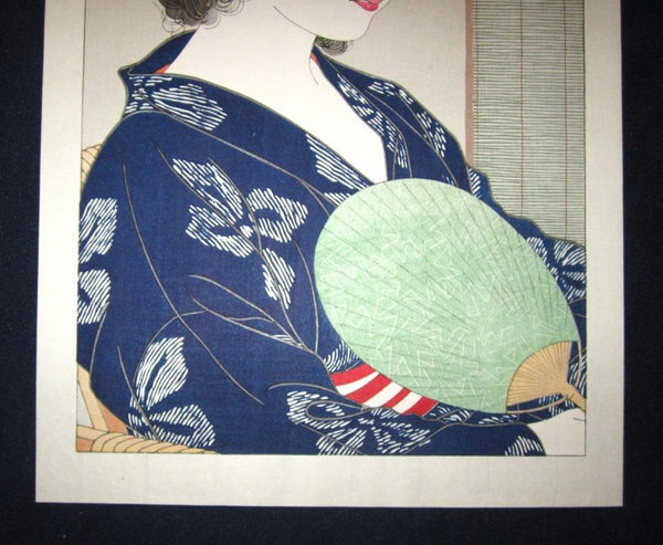 A Great Orig Japanese Woodblock Print Nakagawa Mokurei SELF-PAINT, SELF-CARVED Maiko Romantic Summer Coolness, Yamada Shoten 1970s