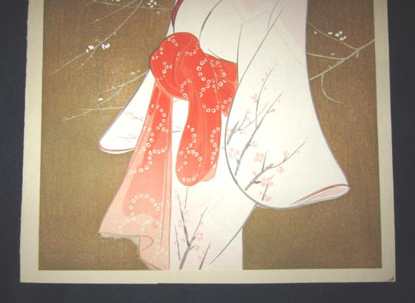 A Great Orig Japanese Woodblock Print Iwata Sentaro Bijin Beauty Plum 1970