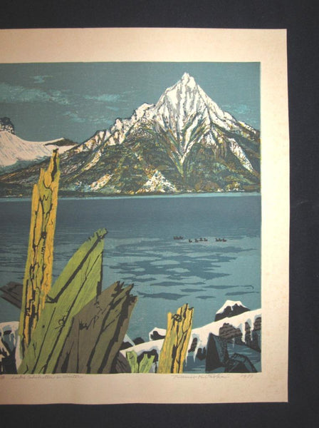 A Huge Orig Japanese Woodblock Print LIMIT NUMBER PENCIL SIGN Kitaoka Fumio Lake Shikotsu Winter 1971