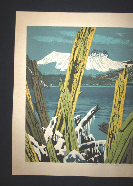 A Huge Orig Japanese Woodblock Print LIMIT NUMBER PENCIL SIGN Kitaoka Fumio Lake Shikotsu Winter 1971