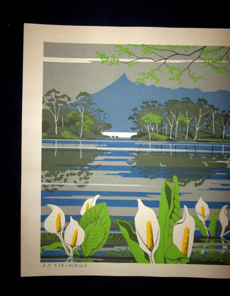 A Huge Orig Japanese Woodblock Print PENCIL Sign LIMIT# Yasushi Ohmoto Onuma and Water Basho