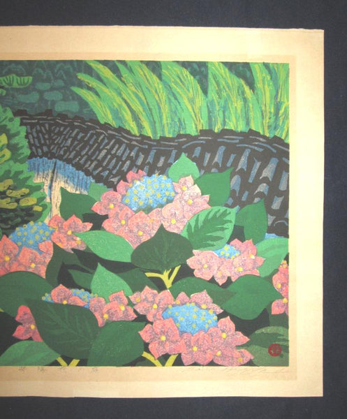 A HUGE Orig Japanese Woodblock Print LIMIT# PENCIL SIGN Hayashi Waichi Garden of French Hydrangea