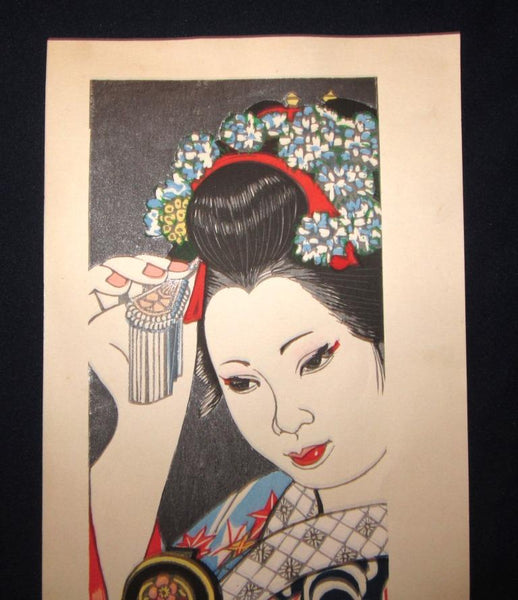 A Huge Original Japanese Woodblock Print LIMIT# Pencil Sgn Junichiro Sekino Maiko Water Mark Beauty as Moon (2)