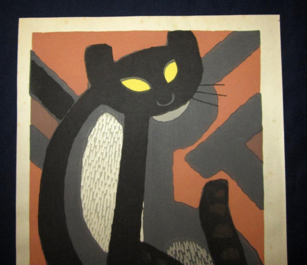 A Huge GreatJapanese Woodblock Print PENCIL Sign LIMIT Number Inagaki Tomoo Sitting Cat 1982 (1)