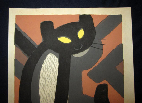 A Huge Great Japanese Woodblock Print PENCIL Sign LIMIT Number Inagaki Tomoo Sitting Cat 1982 (2)