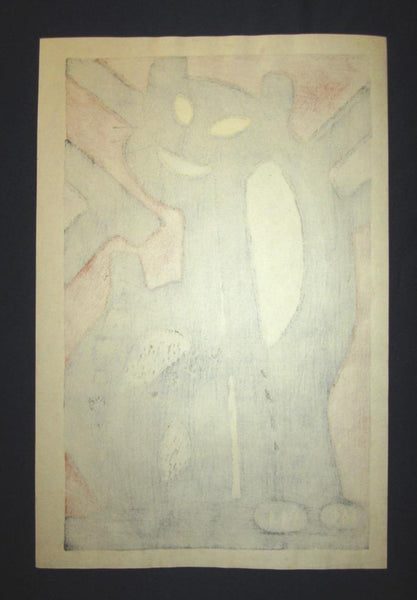 A Huge Great Japanese Woodblock Print PENCIL Sign LIMIT Number Inagaki Tomoo Sitting Cat 1982 (2)