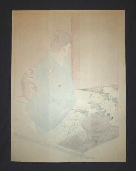 A Huge Orig Japanese Woodblock Print Ito Shinsui Bijin-ga Chrysanthemum arrangement 1970s