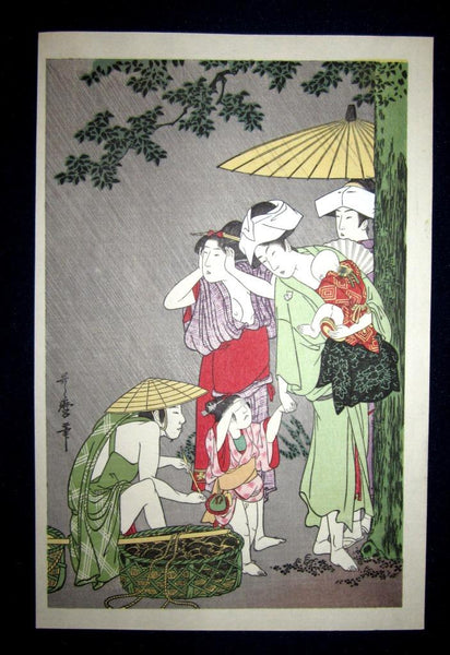 A Great Japanese Woodblock Print Triptych Utamaro Awaiting the Shower to Stop