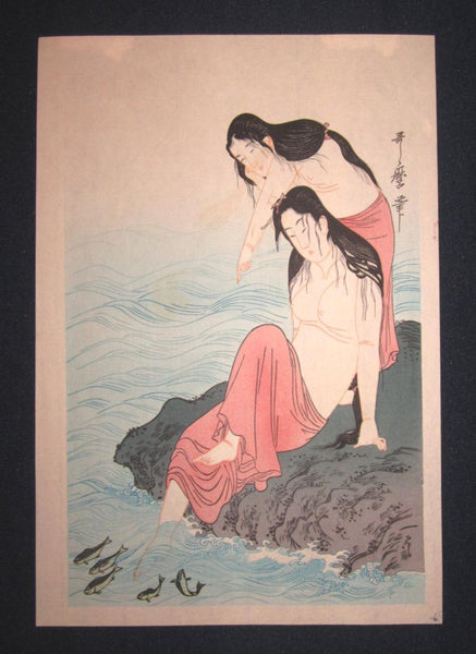 A Great Japanese Woodblock Print Triptych Utamaro Nude Sea Women