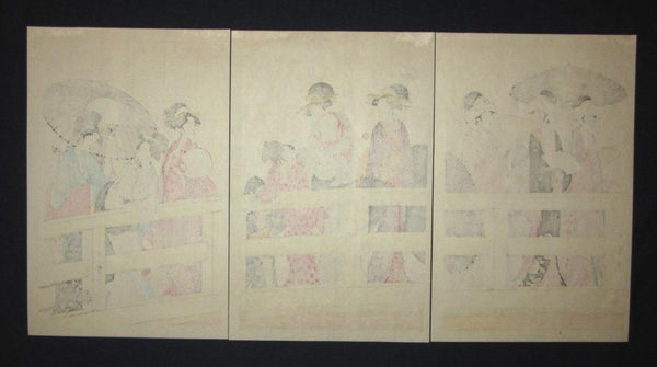 A Great Japanese Woodblock Print Triptych Utamaro Ryogoku Two-country Bridge