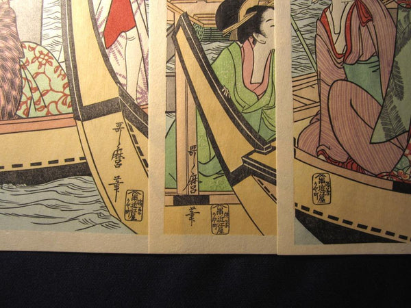 A Great Japanese Woodblock Print Triptych Utamaro under Ryogoku Two-country Bridge