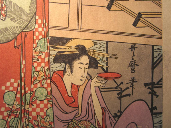 A Great Japanese Woodblock Print Triptych Utamaro under Ryogoku Two-country Bridge