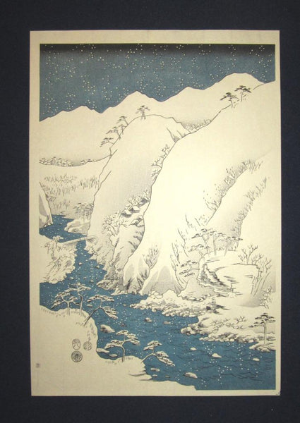 A Great Japanese Woodblock Print Triptych Hiroshige Uragawa Kisoji no Yamakawa Kiso Gorge in Snow (2)