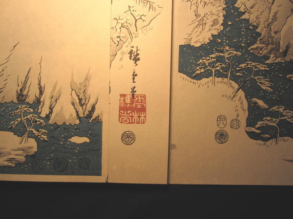 A Great Japanese Woodblock Print Triptych Hiroshige Uragawa Kisoji no Yamakawa Kiso Gorge in Snow (2)