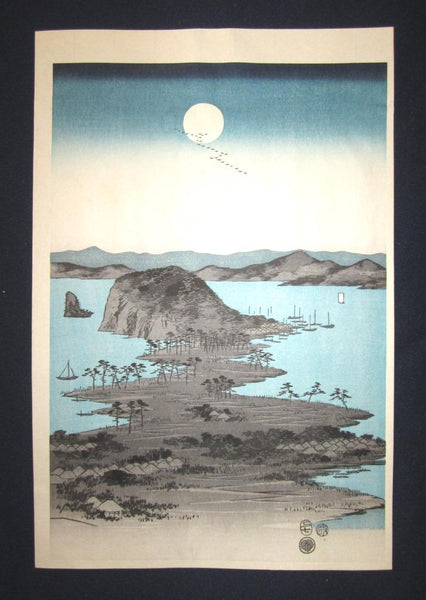 A Great Japanese Woodblock Print Triptych Hiroshige Utagawa Eight Views of Kanazawa at Night (2)