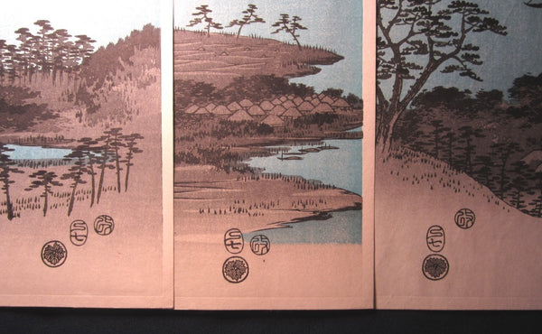 A Great Japanese Woodblock Print Triptych Hiroshige Utagawa Eight Views of Kanazawa at Night (2)