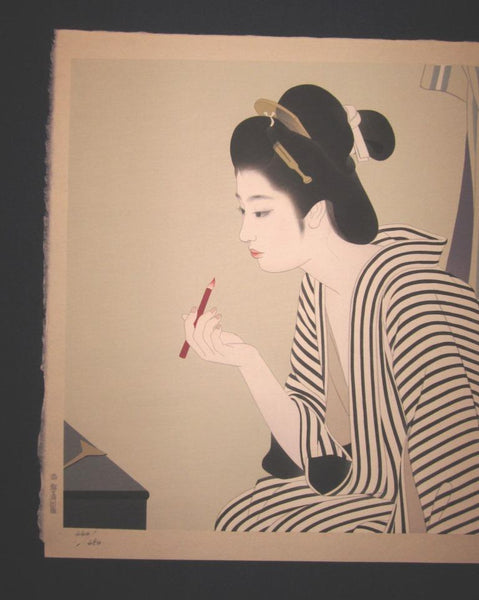 A Huge Orig Japanese Woodblock Print Shimura Tatsumi PENCIL LIMITED# Maiko Lip Stick 1970s