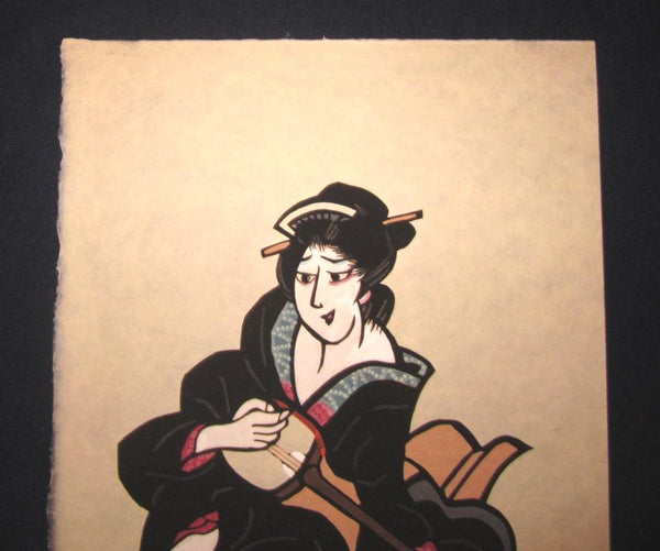 A HUGE Orig Japanese Woodblock Print Mori Yoshitoshi Limit# Pencil Sign Geisha Shamisen1989 (2)