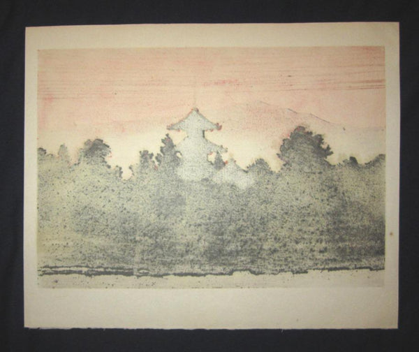A Great Huge Orig Japanese Woodblock Print Pencil-Signed Limit# Fujita Fumio Turtledove Pagoda 1993