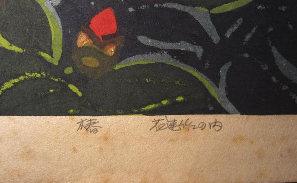 A HUGE Orig Japanese Woodblock Print PENCIL Sign Limit# Hashimoto Okiie Camellia 1974