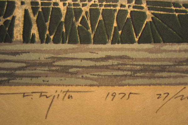 A Great Orig Japanese Woodblock Print Pencil-Signed Limit# Fujita Fumio Waterside Forest, 1975