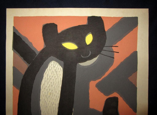 A Huge Great Japanese Woodblock Print PENCIL Sign LIMIT Number Inagaki Tomoo Sitting Cat 1982 (3)