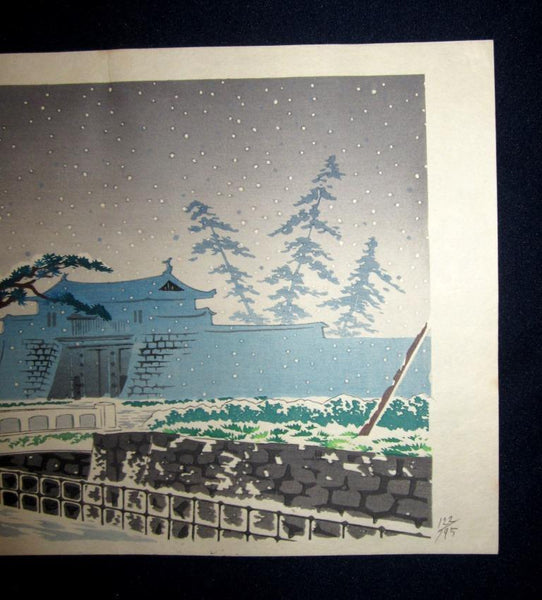 A Great Orig Japanese Woodblock Print Tokuriki Tomikichiro Pencil Sign Limit Number Original Edition Snow in Front of Rikyu Castle 1960s