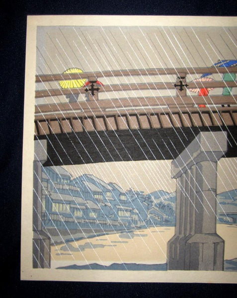 A Great Orig Japanese Woodblock Print Tokuriki Tomikichiro Pencil Sign Limit Number Rain at Kamo River 1960s