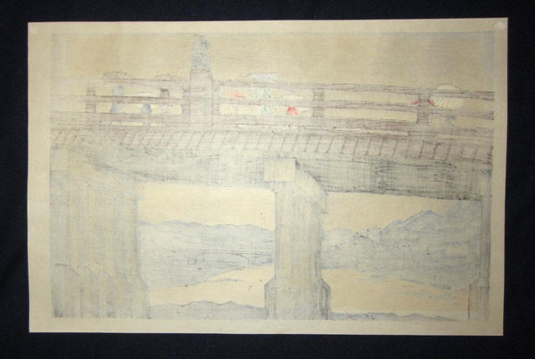 A Great Orig Japanese Woodblock Print Tokuriki Tomikichiro Pencil Sign Limit Number Rain at Kamo River 1960s